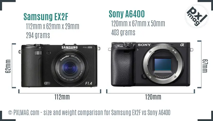 Samsung EX2F vs Sony A6400 size comparison