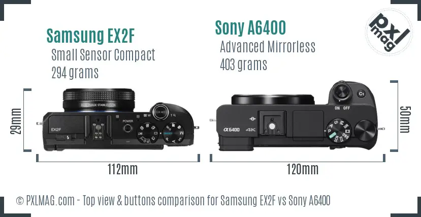 Samsung EX2F vs Sony A6400 top view buttons comparison