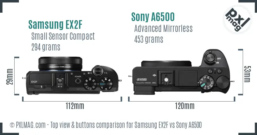 Samsung EX2F vs Sony A6500 top view buttons comparison