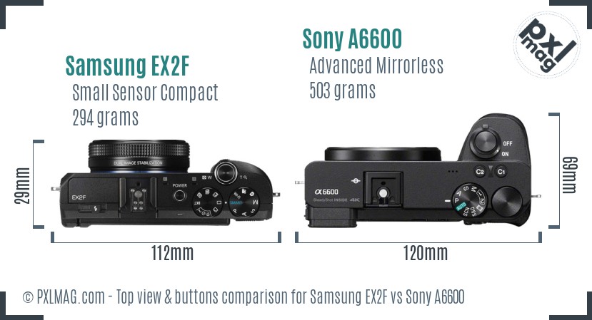 Samsung EX2F vs Sony A6600 top view buttons comparison