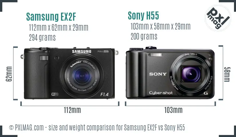 Samsung EX2F vs Sony H55 size comparison