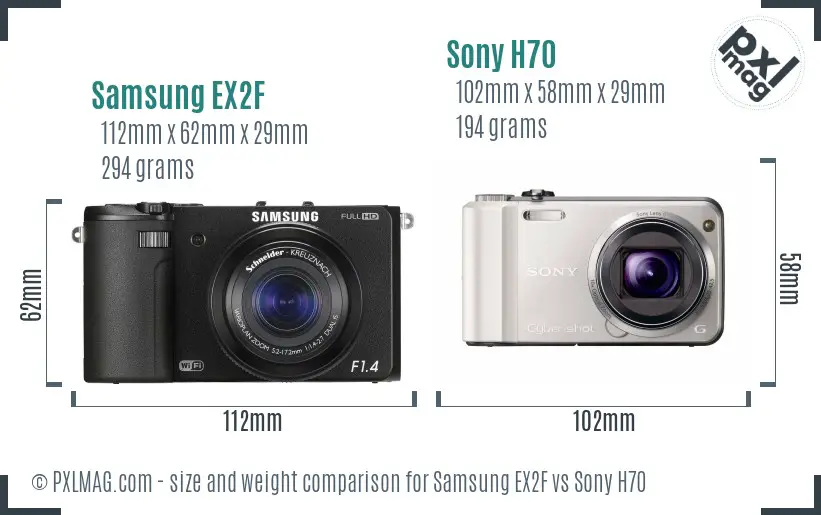 Samsung EX2F vs Sony H70 size comparison