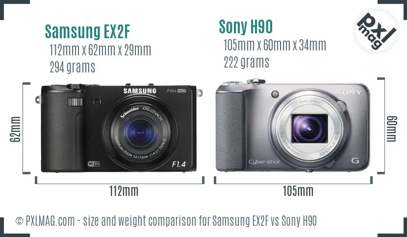 Samsung EX2F vs Sony H90 size comparison