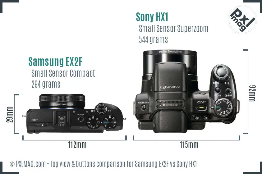 Samsung EX2F vs Sony HX1 top view buttons comparison