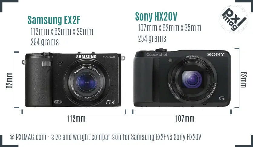 Samsung EX2F vs Sony HX20V size comparison