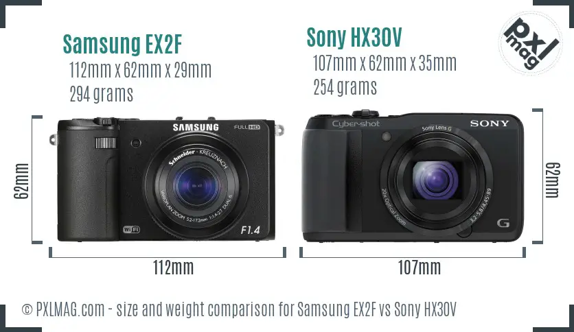 Samsung EX2F vs Sony HX30V size comparison