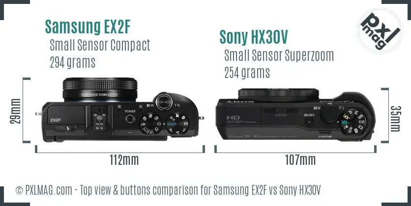 Samsung EX2F vs Sony HX30V top view buttons comparison