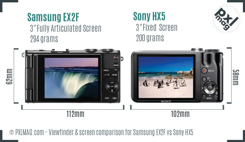 Samsung EX2F vs Sony HX5 Screen and Viewfinder comparison