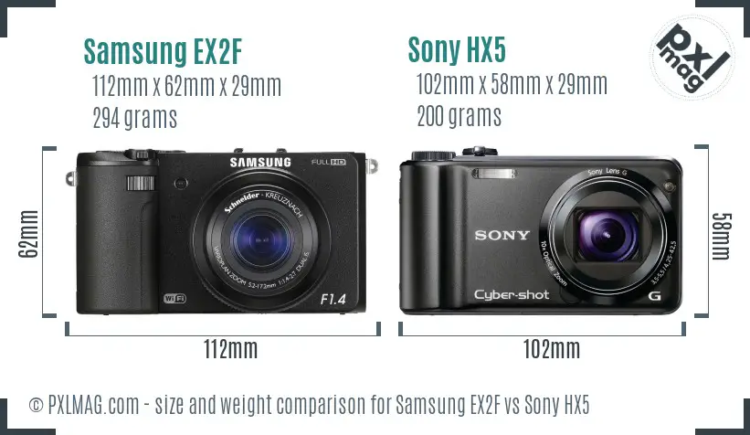 Samsung EX2F vs Sony HX5 size comparison