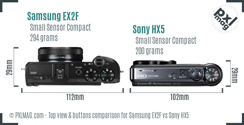 Samsung EX2F vs Sony HX5 top view buttons comparison