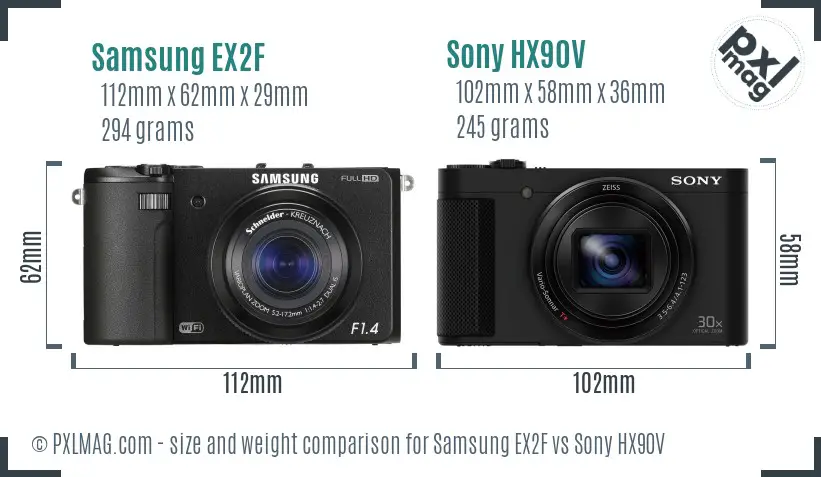 Samsung EX2F vs Sony HX90V size comparison