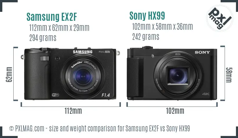 Samsung EX2F vs Sony HX99 size comparison