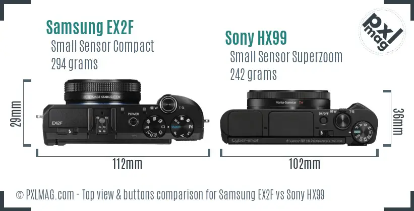 Samsung EX2F vs Sony HX99 top view buttons comparison