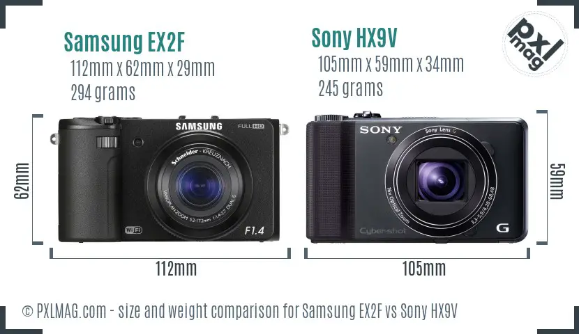 Samsung EX2F vs Sony HX9V size comparison