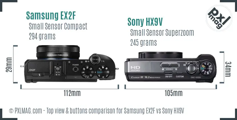 Samsung EX2F vs Sony HX9V top view buttons comparison