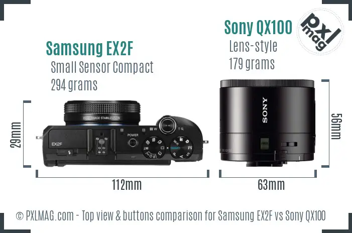 Samsung EX2F vs Sony QX100 top view buttons comparison Samsung EX2F vs Sony QX100 top view buttons comparison