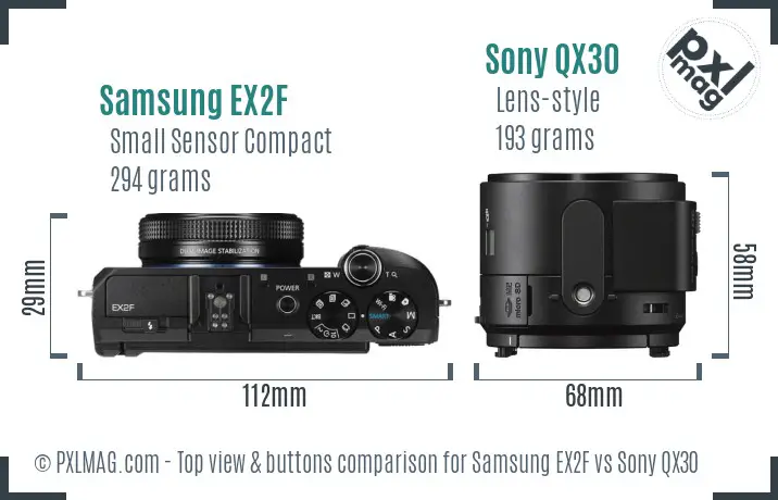 Samsung EX2F vs Sony QX30 top view buttons comparison Samsung EX2F vs Sony QX30 top view buttons comparison