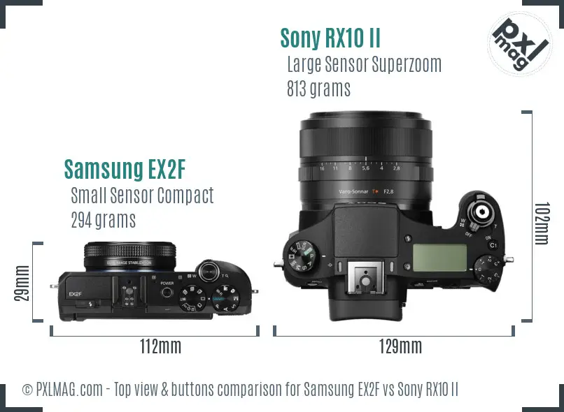 Samsung EX2F vs Sony RX10 II top view buttons comparison