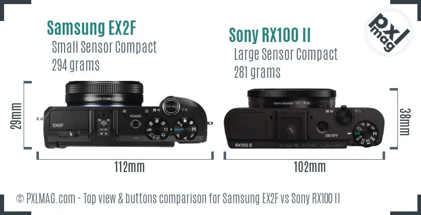 Samsung EX2F vs Sony RX100 II top view buttons comparison