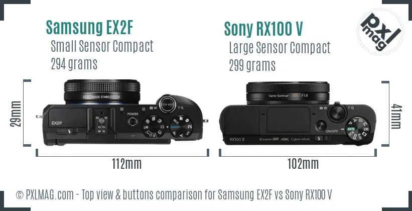 Samsung EX2F vs Sony RX100 V top view buttons comparison