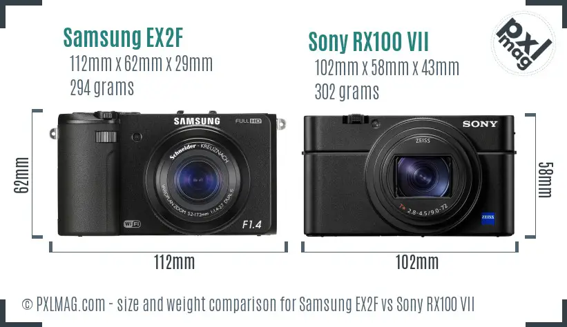 Samsung EX2F vs Sony RX100 VII size comparison