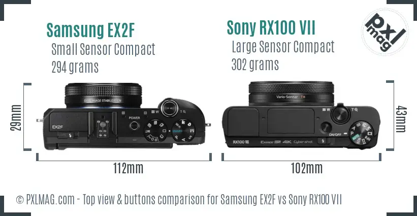 Samsung EX2F vs Sony RX100 VII top view buttons comparison