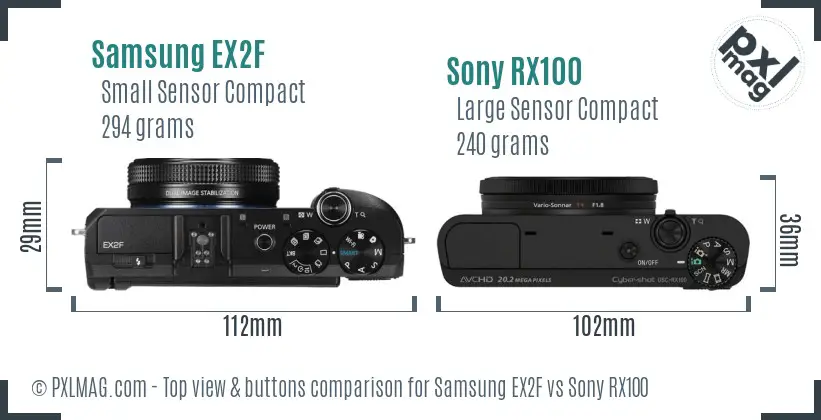Samsung EX2F vs Sony RX100 top view buttons comparison