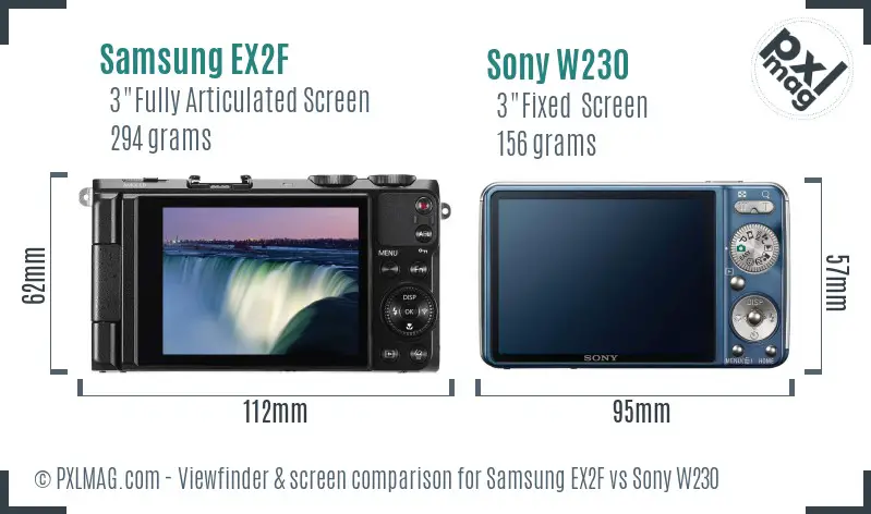 Samsung EX2F vs Sony W230 Screen and Viewfinder comparison