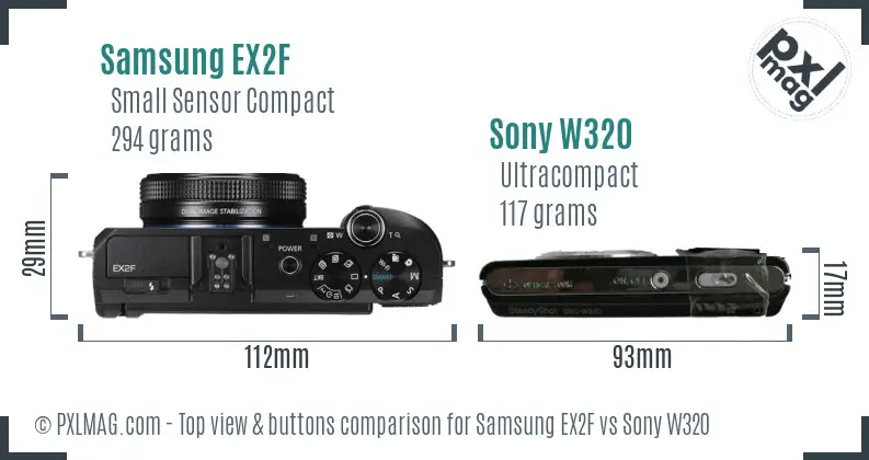 Samsung EX2F vs Sony W320 top view buttons comparison