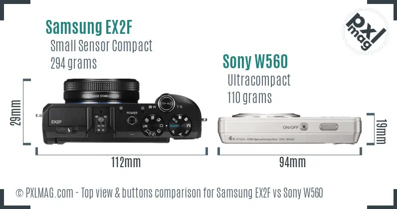 Samsung EX2F vs Sony W560 top view buttons comparison