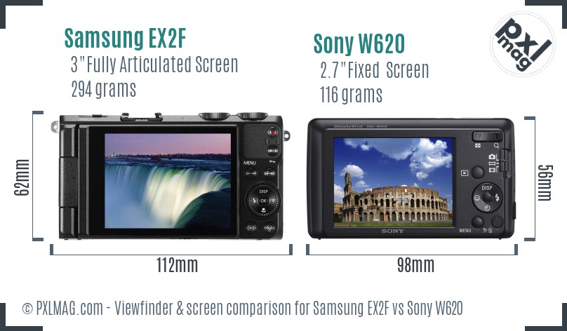 Samsung EX2F vs Sony W620 Screen and Viewfinder comparison