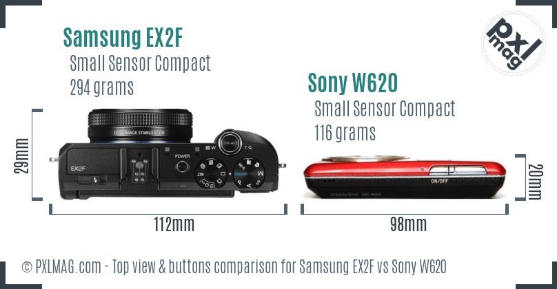 Samsung EX2F vs Sony W620 top view buttons comparison