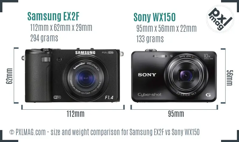 Samsung EX2F vs Sony WX150 size comparison