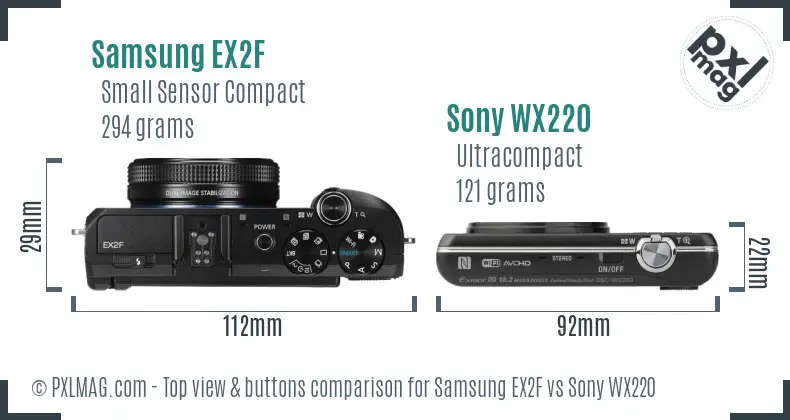 Samsung EX2F vs Sony WX220 top view buttons comparison