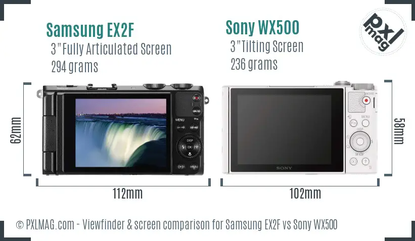 Samsung EX2F vs Sony WX500 Screen and Viewfinder comparison