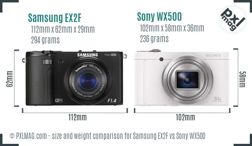 Samsung EX2F vs Sony WX500 size comparison