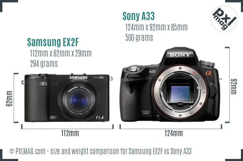 Samsung EX2F vs Sony A33 size comparison