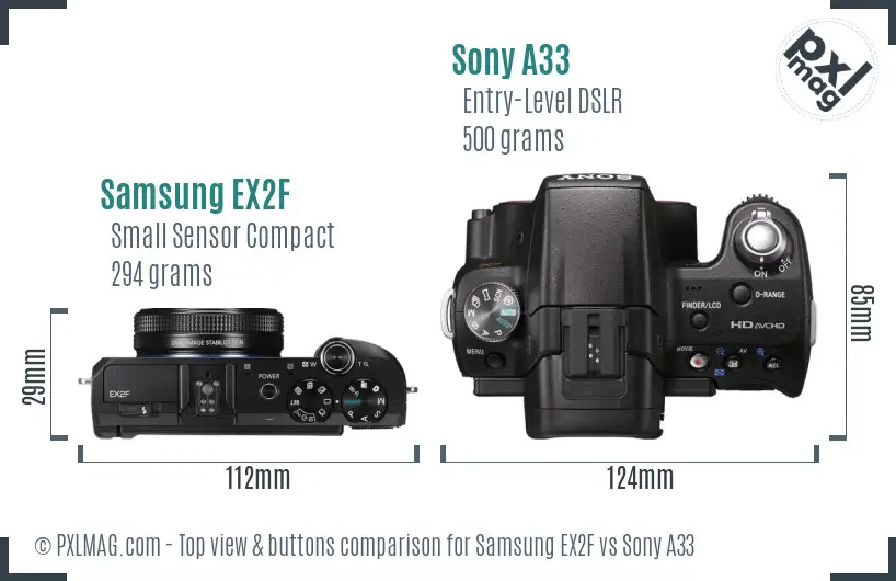 Samsung EX2F vs Sony A33 top view buttons comparison