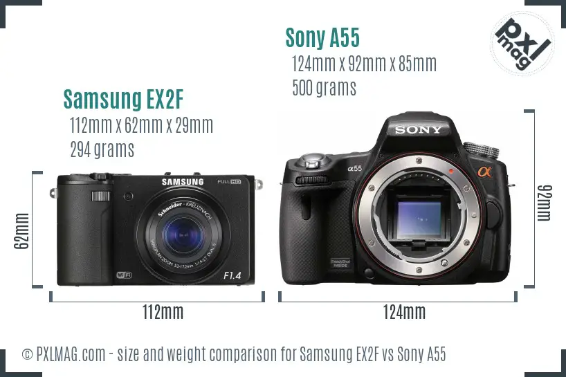 Samsung EX2F vs Sony A55 size comparison