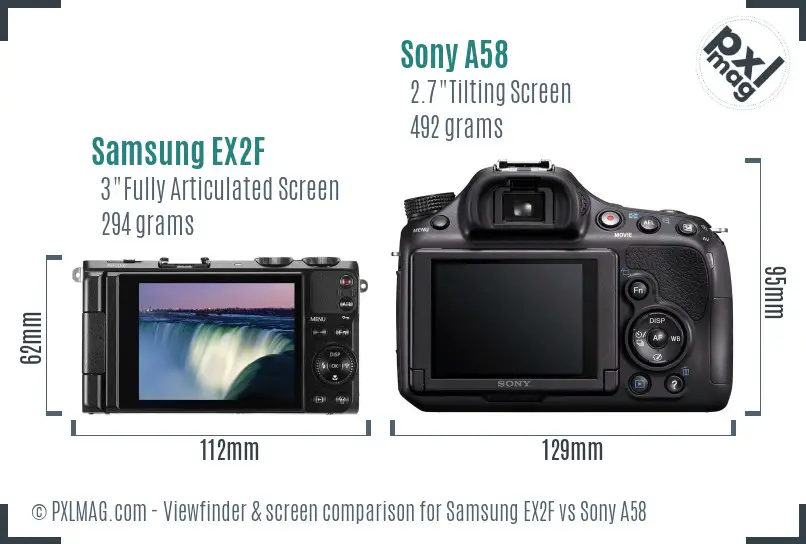 Samsung EX2F vs Sony A58 Screen and Viewfinder comparison