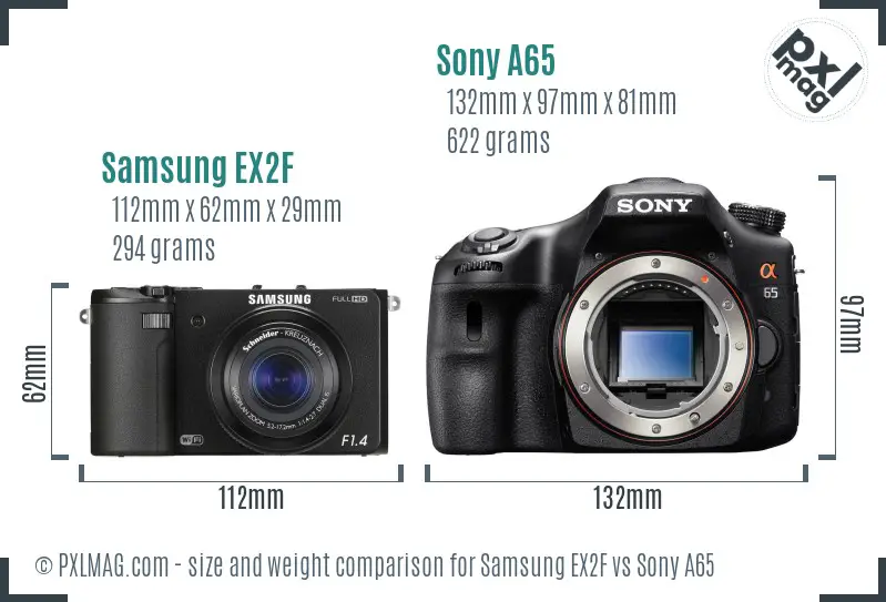 Samsung EX2F vs Sony A65 size comparison