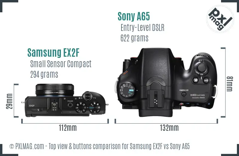 Samsung EX2F vs Sony A65 top view buttons comparison