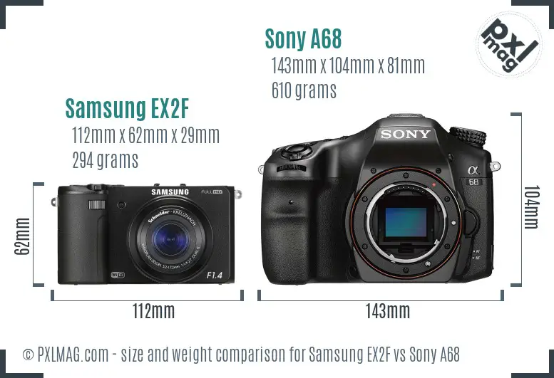 Samsung EX2F vs Sony A68 size comparison