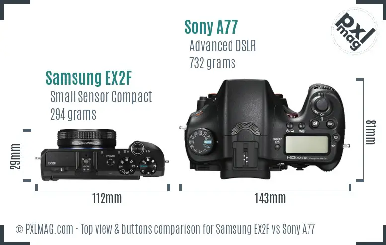 Samsung EX2F vs Sony A77 top view buttons comparison
