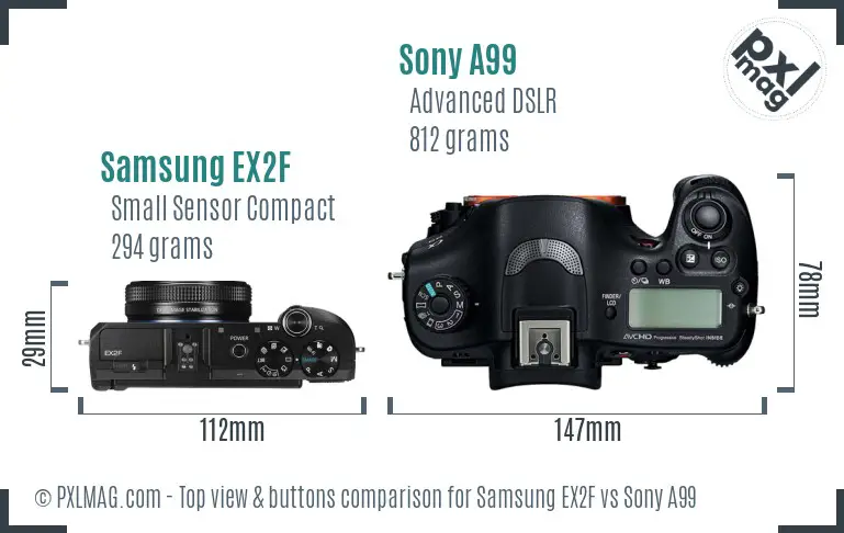Samsung EX2F vs Sony A99 top view buttons comparison