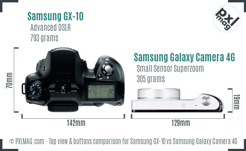 Samsung GX-10 vs Samsung Galaxy Camera 4G top view buttons comparison