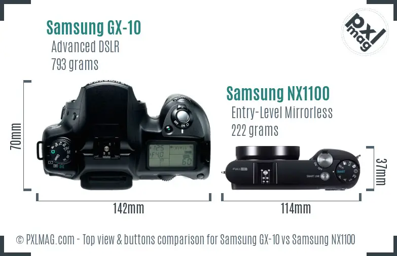 Samsung GX-10 vs Samsung NX1100 top view buttons comparison