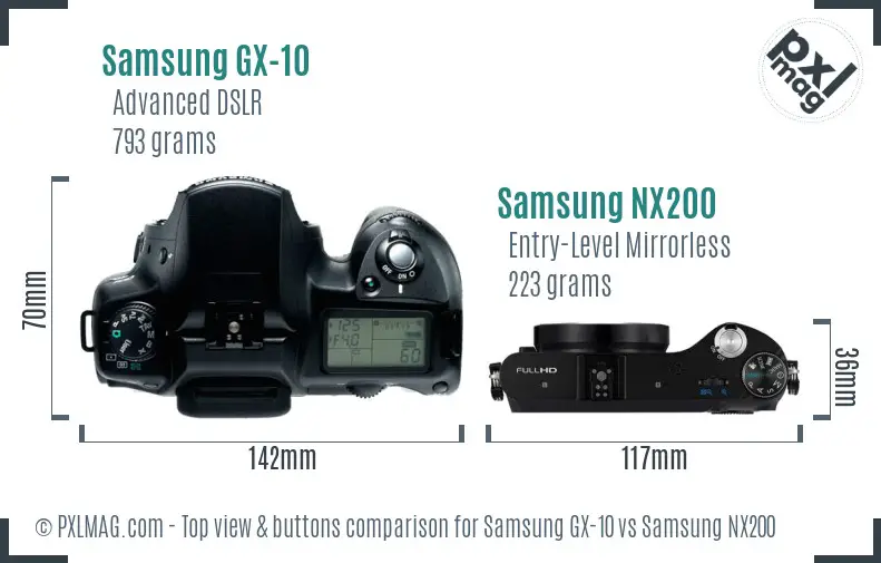 Samsung GX-10 vs Samsung NX200 top view buttons comparison