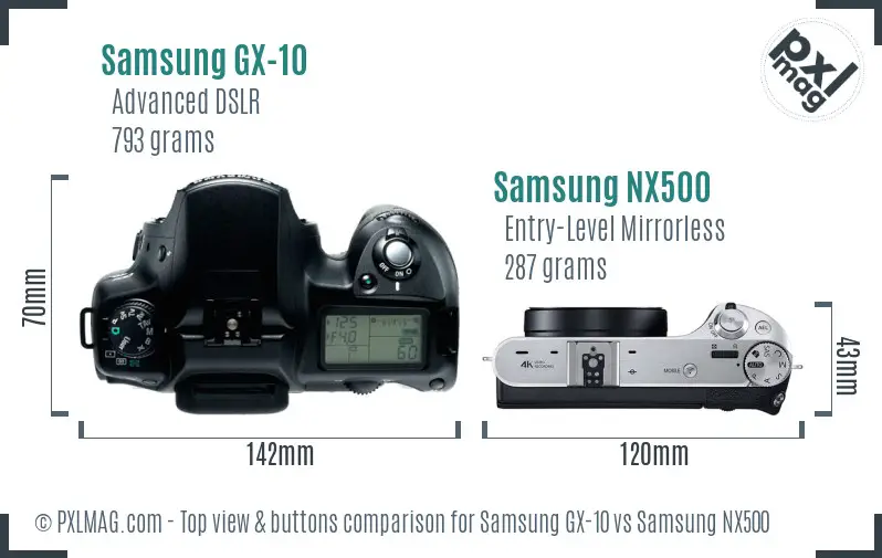 Samsung GX-10 vs Samsung NX500 top view buttons comparison