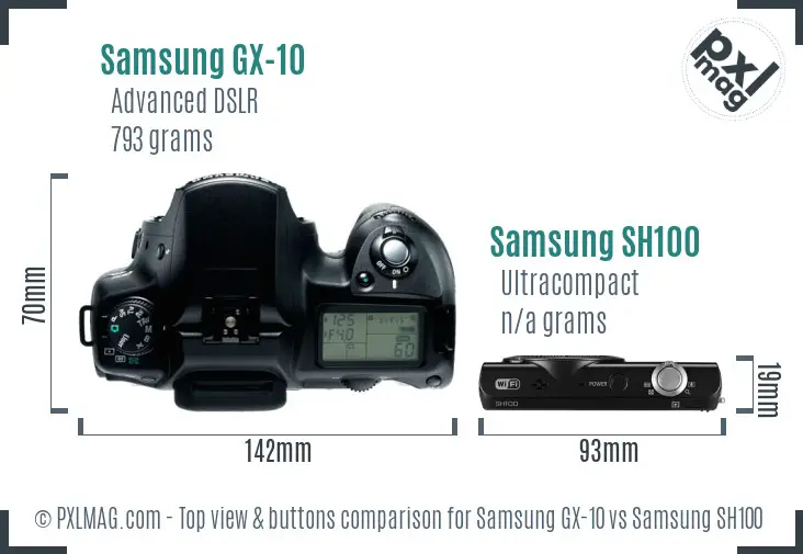 Samsung GX-10 vs Samsung SH100 top view buttons comparison